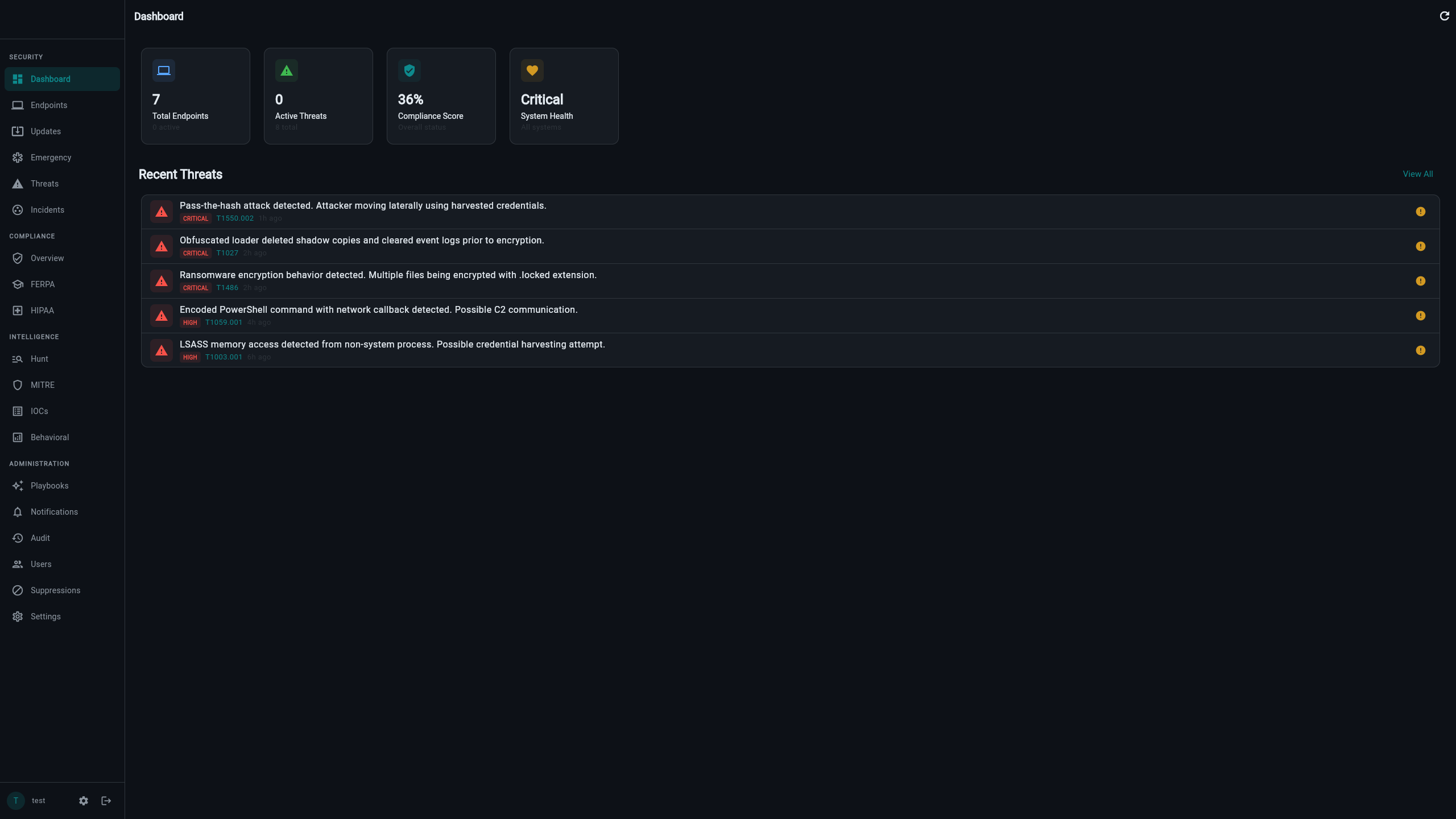 Bastion native desktop console dashboard with live threat feed and MITRE ATT&CK technique IDs