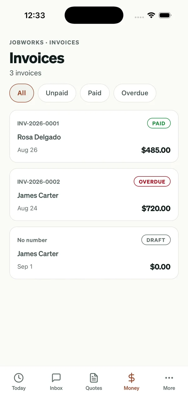 Jobworks invoice list showing paid, overdue and draft states using fictional fixtures