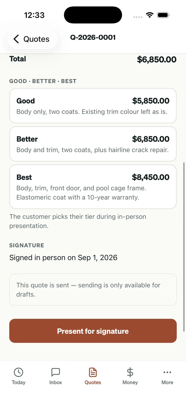 Jobworks Good Better Best quote options and a Present for signature action using fictional fixture prices