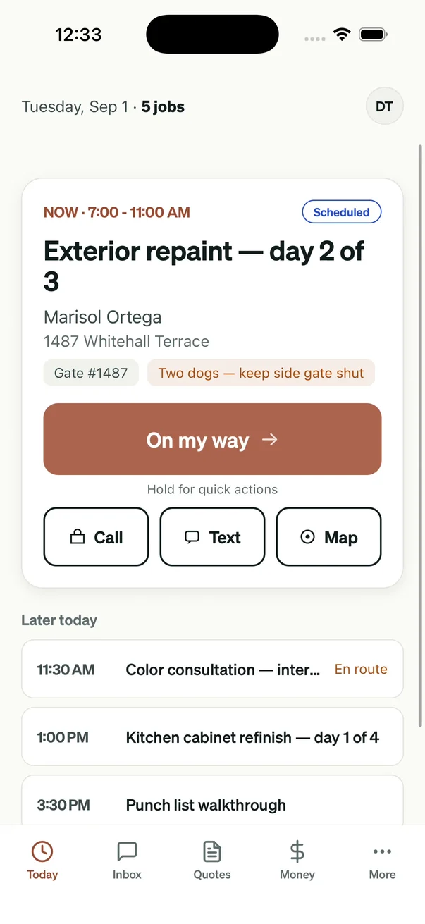 Jobworks iOS Today screen showing a scheduled job, the On my way action and Call, Text and Map controls with fictional demo data