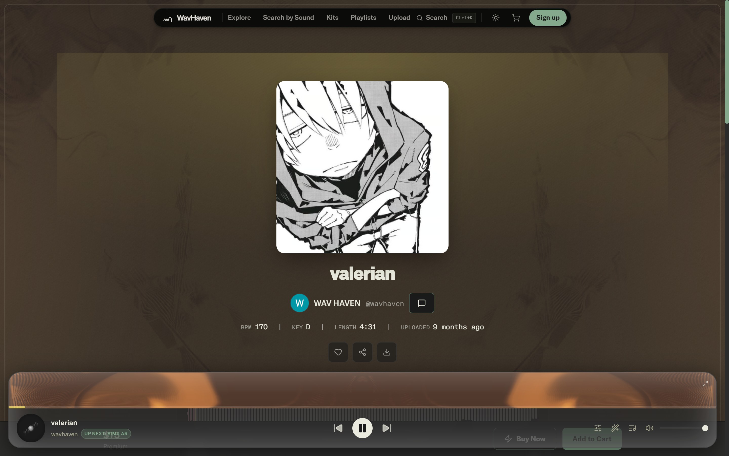 WavHaven track detail page with cover art, BPM, key, waveform player, and license options