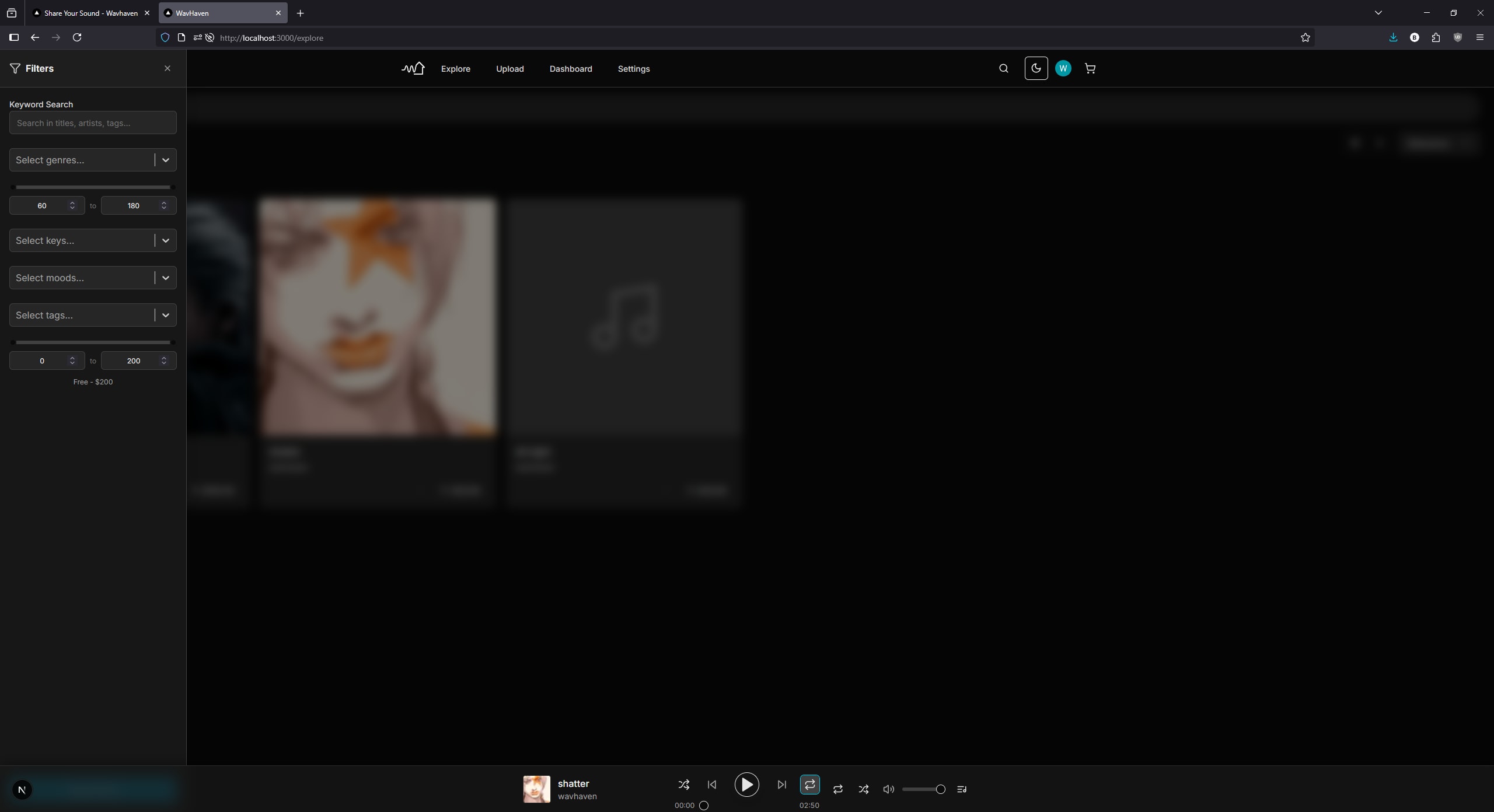WavHaven explore page with filter panel open showing genre, mood, and BPM options