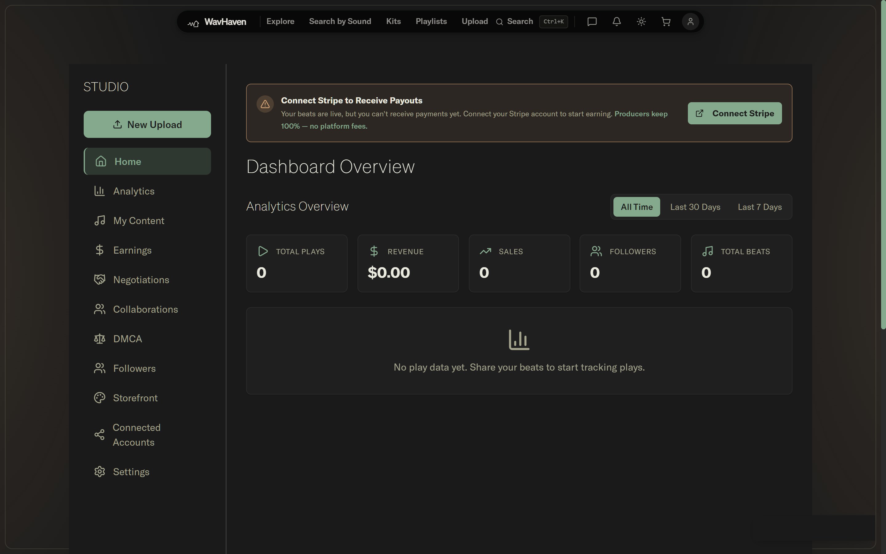 WavHaven producer studio dashboard with analytics overview and Stripe Connect payout onboarding