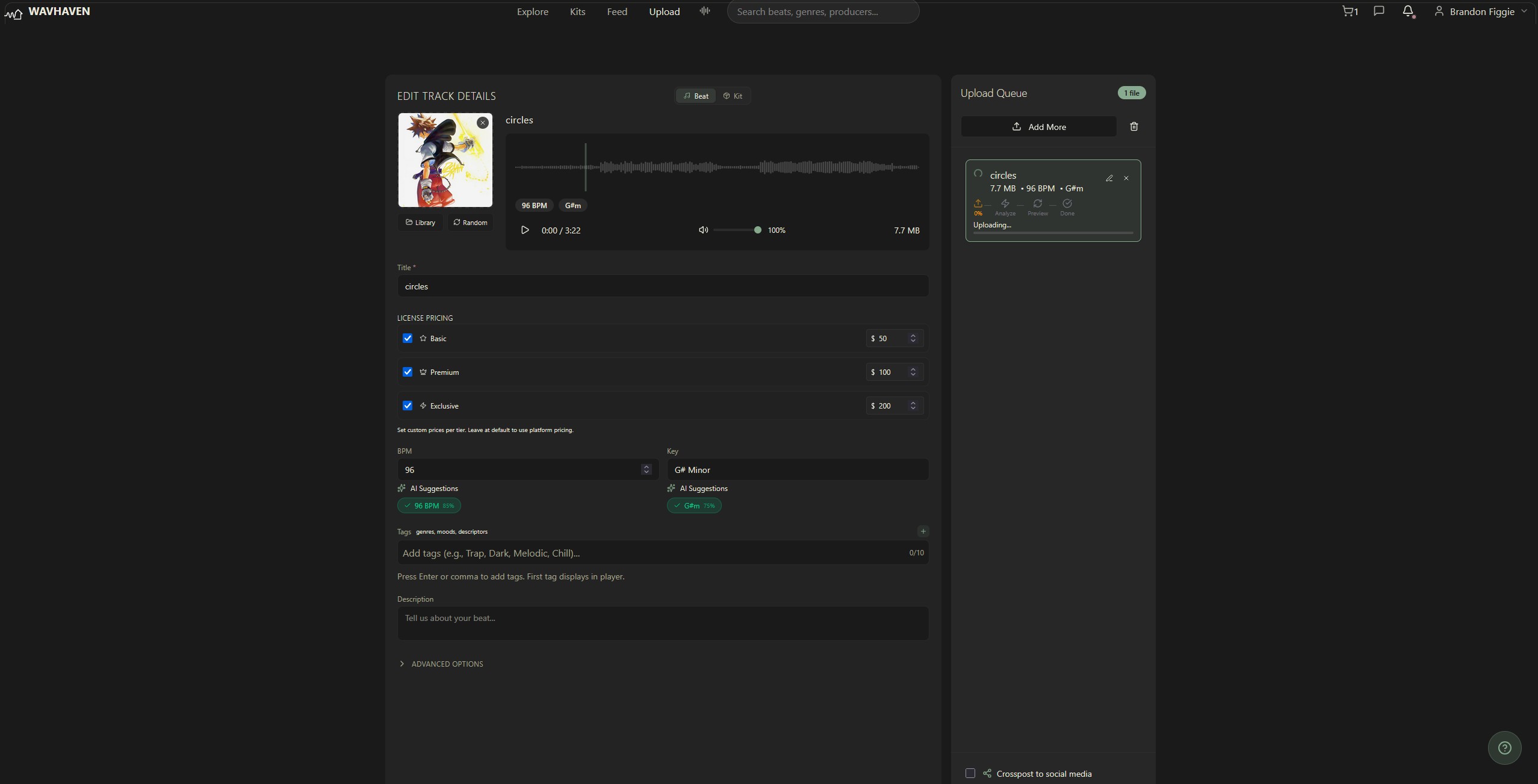WavHaven upload workflow with AI metadata detection
